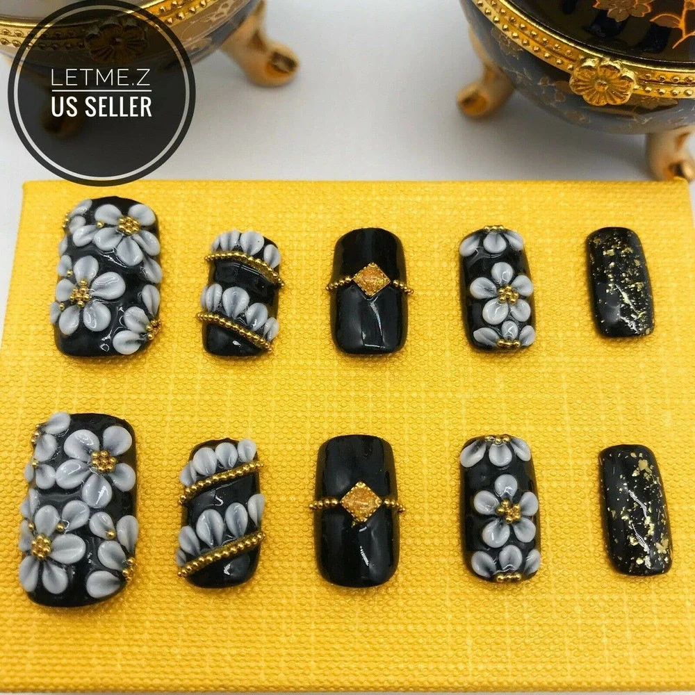 Press on Nails‎ Glue On Acrylic 3D Flower Black Gold